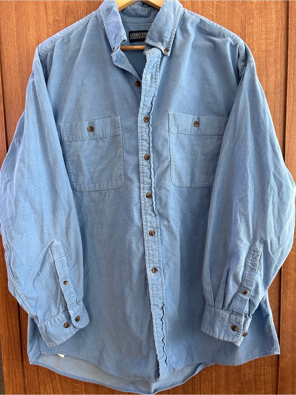 Vintage 90s Lands’ End Blue Cotton Velour Corduroy Button Down Shirt Large